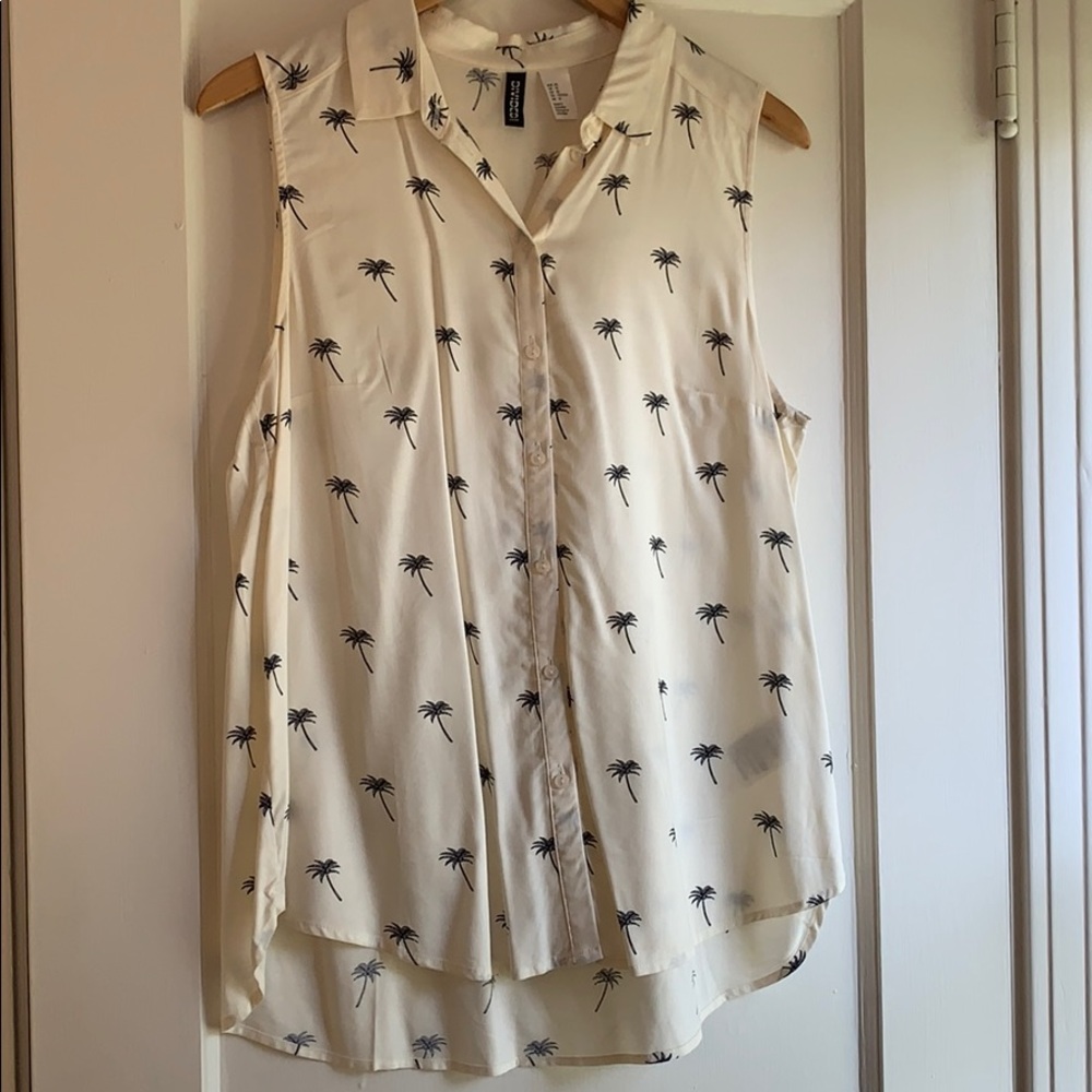 H&M Button Down Palm Tree Tank, Cream/Black